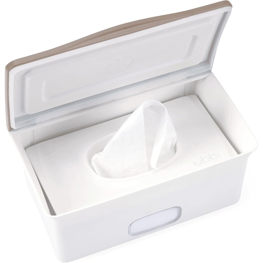 Ubbi Baby Wipes Dispenser Weighted Plate Secure Seal Taupe Nursery NEW